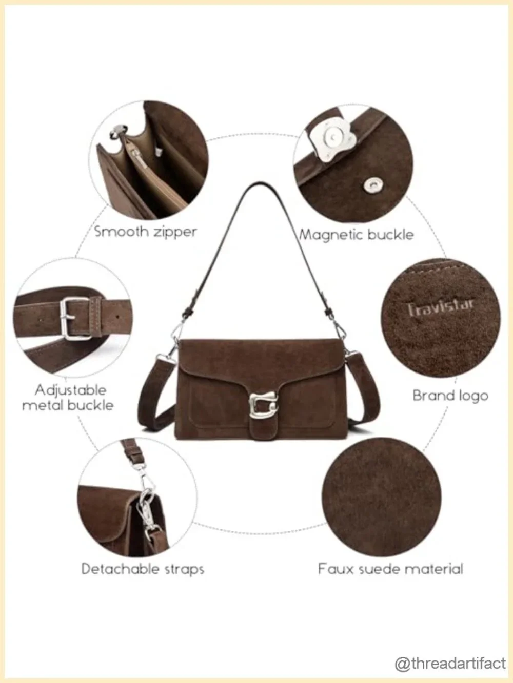Faux Suede Crossbody Bag with 2 Detachable Straps - Trendy Shoulder Purse